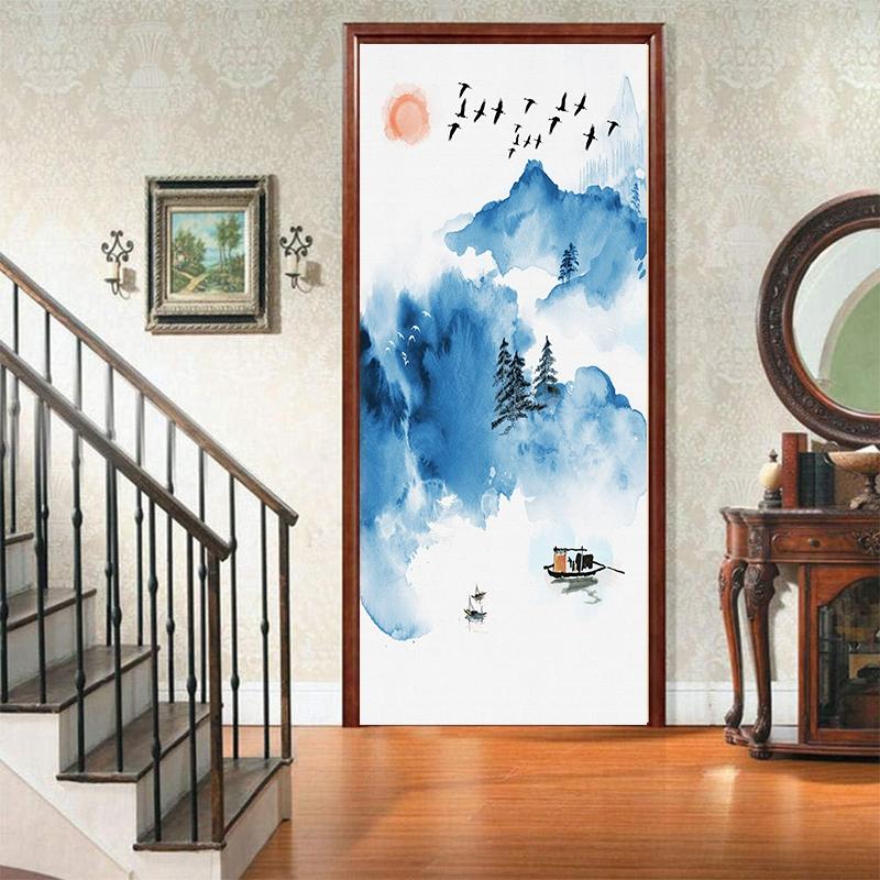 

Пейзаж Дверь Холодильник Украшения Наклейки Закат Простые Абстрактные Линии бамбуковые Обои Для Гостиной Домашний Декор Спальня Художественные Наклейки 90x200cm (cut 2pcs)