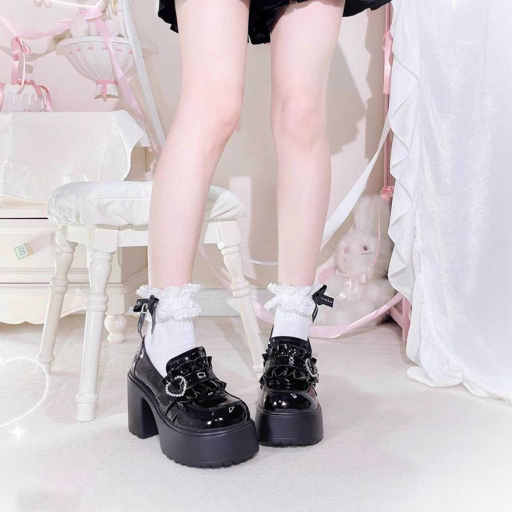 Sweet Heart-Shaped Buckle Lolita High Heels Pump Shoes for Women PU Leather Waterproof Platform Mary Janes Shoes