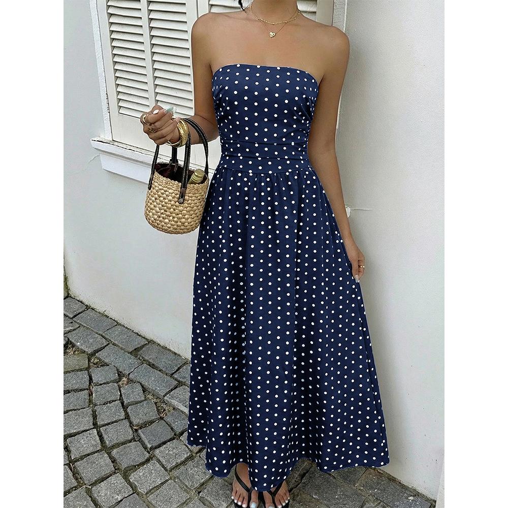 Damen Gepunktete Trägerlose Sommerkleider, Elastischer Rücken Gerafft Strandurlaub Outfits Vintage Elegant Maxikleid