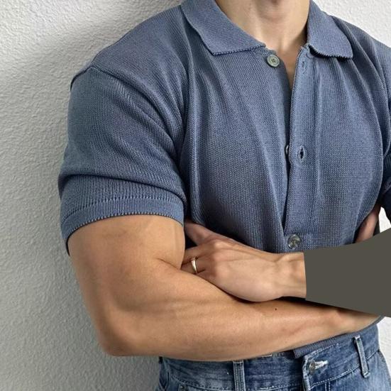 Sommerhemd für Herren, gestrickt, kurze Ärmel, Umlegekragen, einreihig, dehnbar, einfarbig, lockere Alltagskleidung, lässiges Oberteil