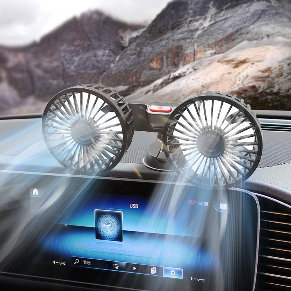 USB 5V Auto Ventilation Fan Dual Head Car Suction Cup Fan 360 Degree Rotation Adjustable 3 Speeds for Dashboard RV Truck