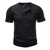Men's Summer Hip Hop Streetwear Solid Color T-Shirts Bamboo-Handled Henry Collar Casual Button Short Sleeve Top Tees