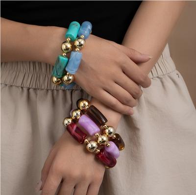 Fashion Gold Beaded Acrylic Elbow Bamboo Bracelet Retro Marble Pattern Jewelry