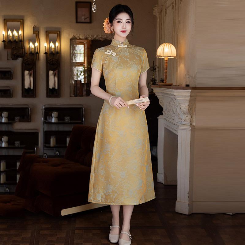 Yellow cheongsam women s new Chinese style new improved young women s high-end short-sleeved dress summer L