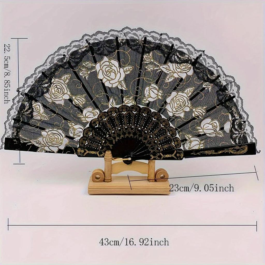 1pc-Chinese Style Vintage Retro Foldable Hand Fan Rose Lace Folding Handheld Fan for Dance Wedding Decoration Party Favor Gifts