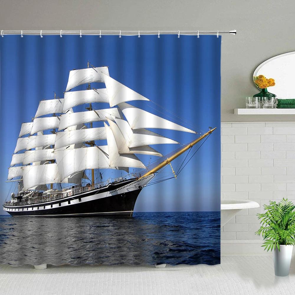 Sailboat Ocean Scenery Bathroom Shower Curtains Oil Painting Landscape Waterproof Bath Curtain Bathtub Decor Cloth Set With Hook