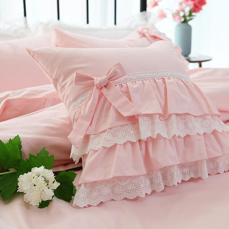 Rosa Europäische bestickte Kissenhülle Rüsche Spitze Satin Baumwolle Kissenbezug handgefertigt elegante Bettwäsche Kissenbezug Sofakissen 45x45cm