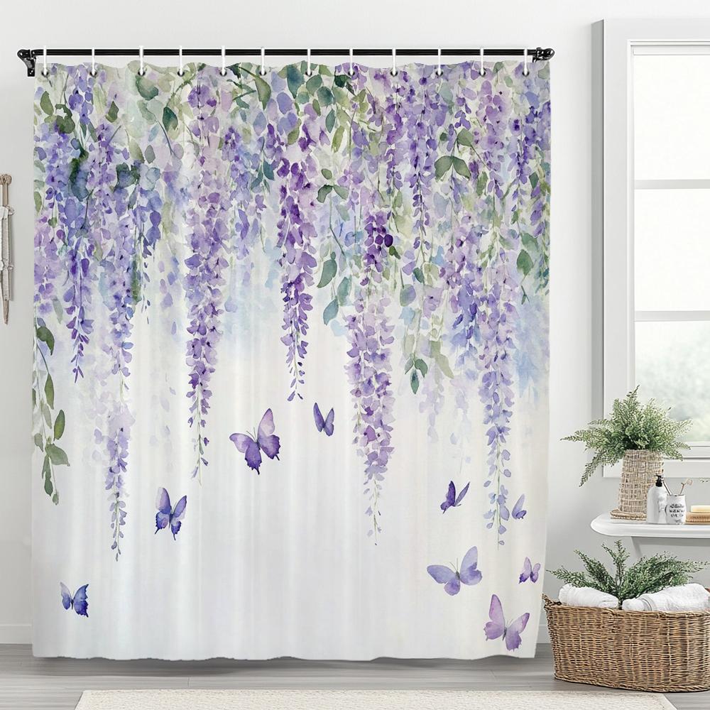 1PC Blue Flowers and Butterflies Shower Curtain,  Floral and Leaf Bathroom Decorative Curtain,Polyester Home Curtain with Hooks