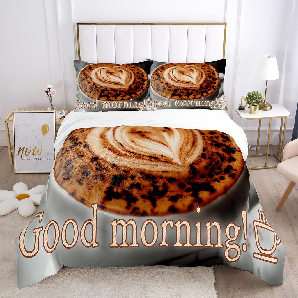 Good Morning Duvet Cover Set Microfiber Coffee Rose Cozy Breakfast Twin Bedding Set Double Queen King Size 2/3pcs Quilt Cover