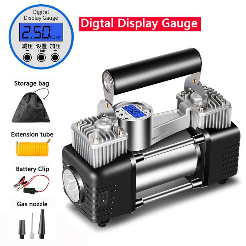 300W 150PSI Inflator Portable Double Cylinder Air Compressor Tire Inflator with LED Flashlight 12V Heavy Duty Tire Inflator
