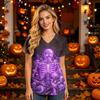 Women’s V Neck Short Sleeve Top with Halloween House Print and Functional Pocket for Healthcare Professionals