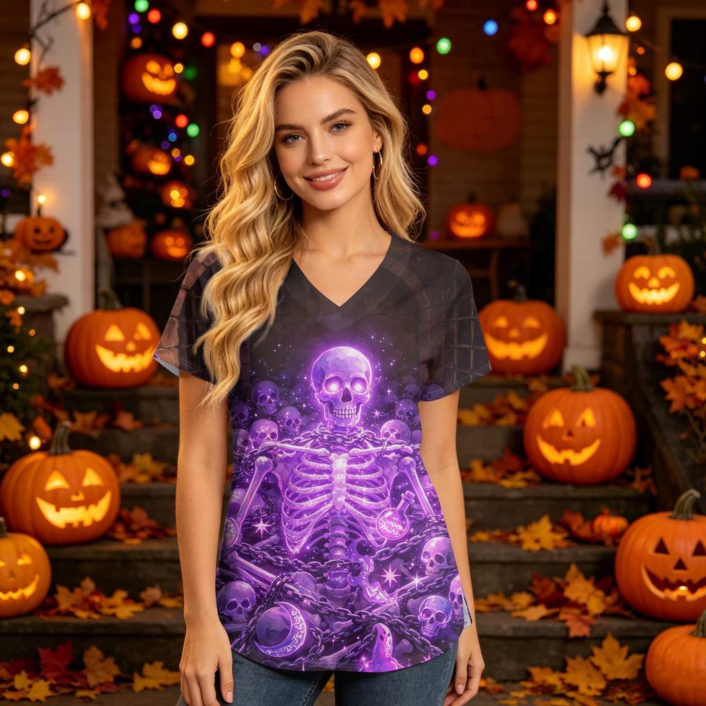 Women’s V Neck Short Sleeve Top with Halloween House Print and Functional Pocket for Healthcare Professionals