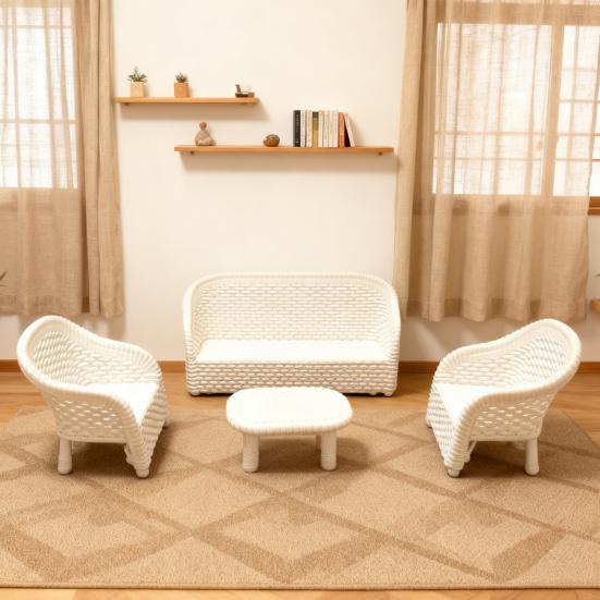 4Pcs Miniature White Wicker Tea Table And Chair Set Doll House Furniture Decor for Bedroom Handcrafted Miniature Furniture Play House Toys
