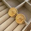 Hong Kong Style Retro Metal Button Stud Earrings, High-End Light Luxury Gold Design Totem Exaggerated Earrings
