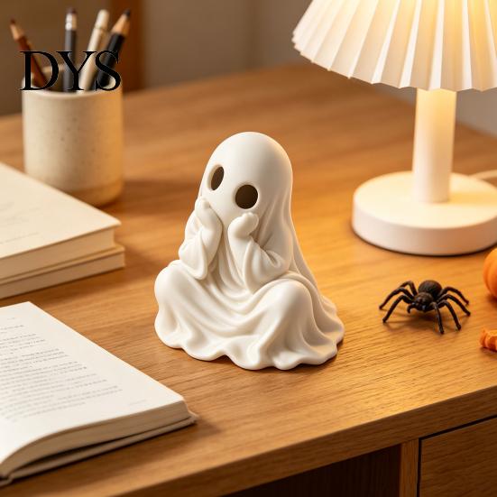 Artistic Ghost Figurine for Window Sill 3D Printed Halloween Figurine, Cute Chin-Resting Spooky Desk Decor, White Black Figures Funny Ornament