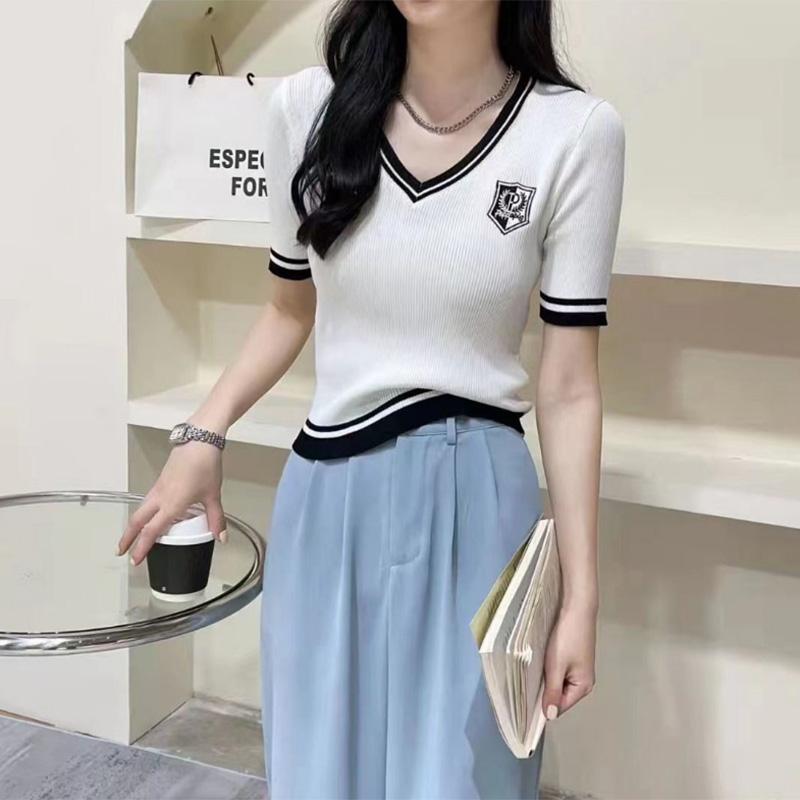 

Короткий ледяной шелк с v-образным вырезом, летний вязаный свитер с короткими рукавами, женская футболка, маленький тонкий топ, тонкий и универсальный S белый