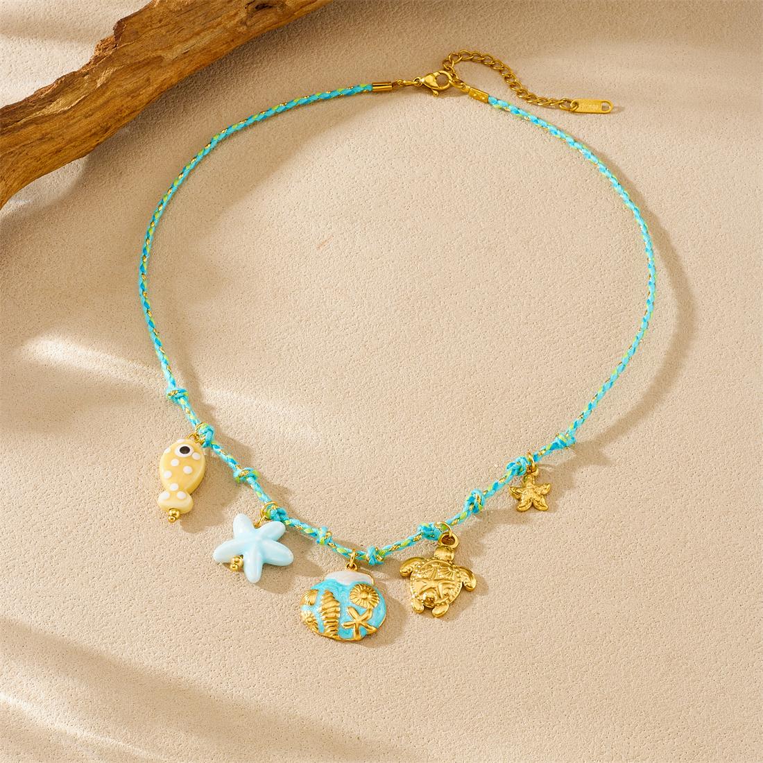 

316L Stainless Steel Blue Rope Chain Cute Animals Starfish Tortoise Shell Fossil Design Necklace Women trend Neck Chain