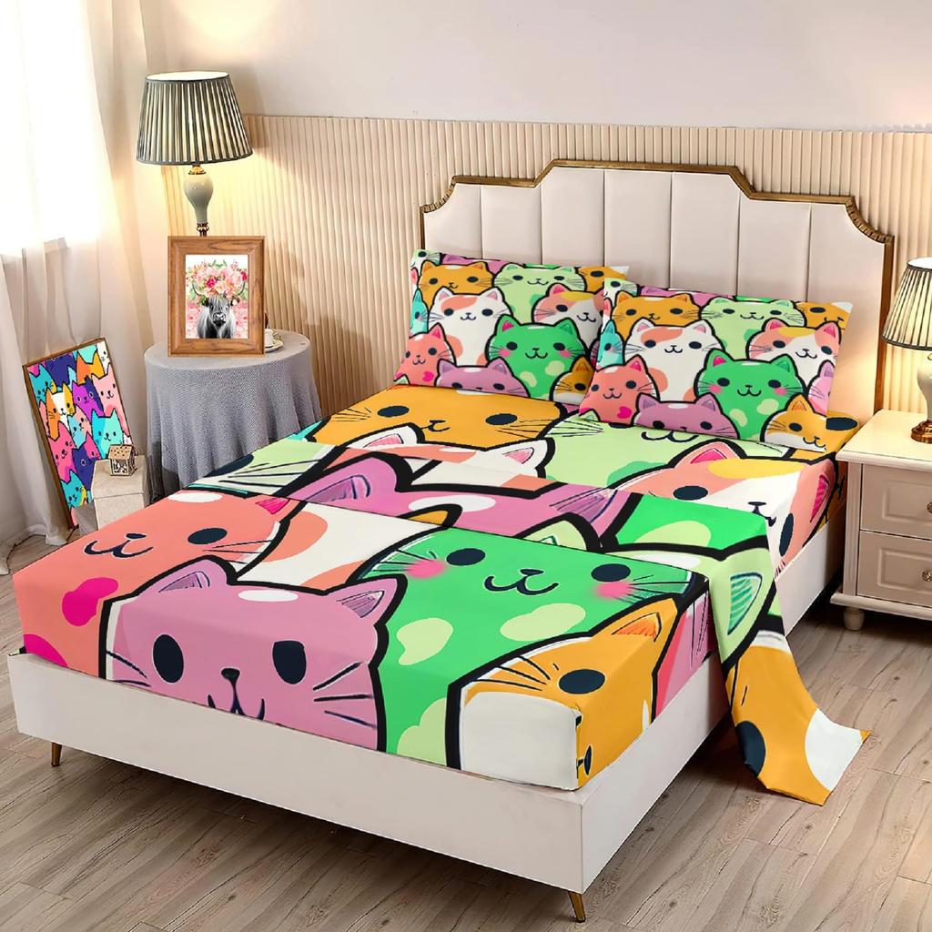 Cute Cartoon Cat Pattern Bed Hat Four-Piece Bedding Set Bedroom Dormitory Bedding Decoration