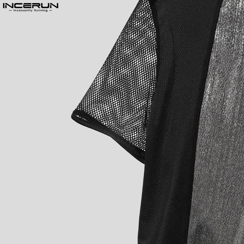 INCERUN Men Short Sleeve Mesh Sheer Glitter Patchwork Party T-shirts Tops