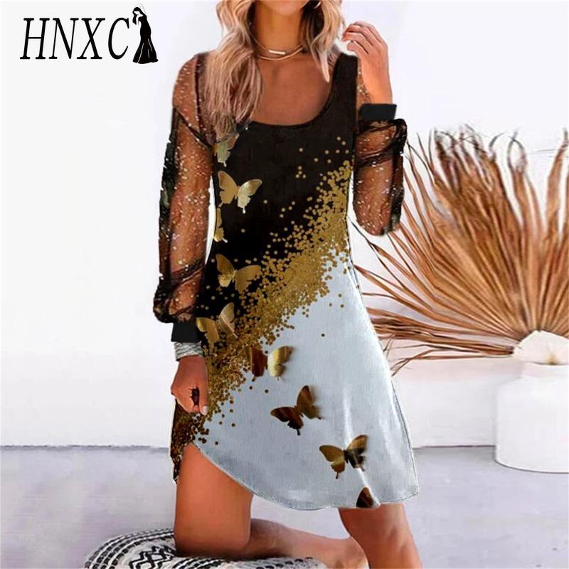 HNXC Robes décontractées à manches longues et col en U pour femmes, couleur unie, imprimé, taille haute, mode printemps-automne