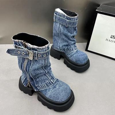 Damen Cowboy Mid-Calf Stiefel Reißverschluss Plateau Mittelhohe Absätze Designerschuhe Winter Neu Motorradstiefel 2025