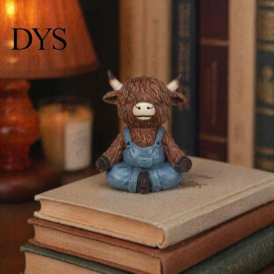 Yoga Pose Animal Figurines Highland Cow Resin Figurine, Farmhouse Style Overalls Statues, Waterproof Meditation Sculptures Garden Ornament for Indoor