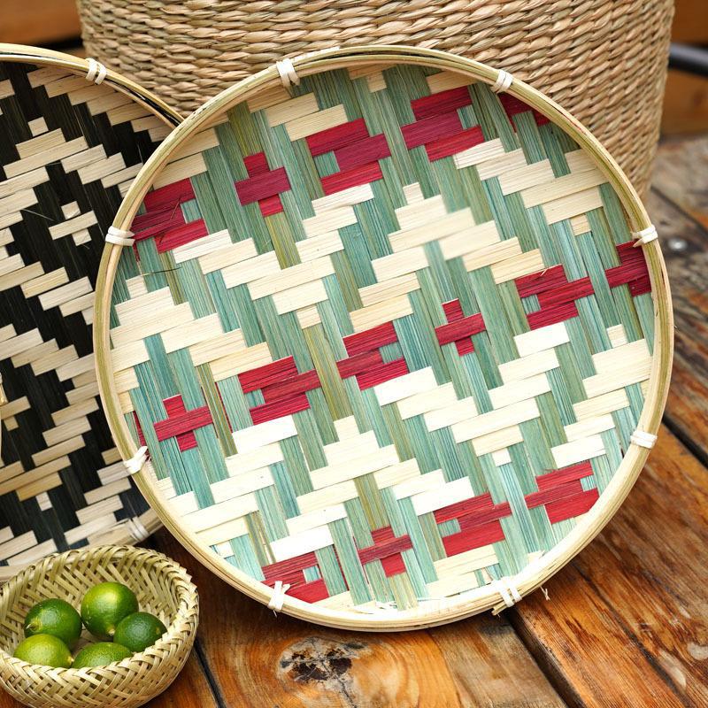 1PC Colorful Multipurpose Storage Basket Traditional Woven Handwoven Bamboo Decorative Flat Artistic 25cm
