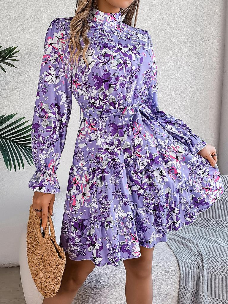 Elegantes A-Linien-Rüschenkleid mit floralem Muster, Stehkragen und tailliertem Bund für Herbst/Winter