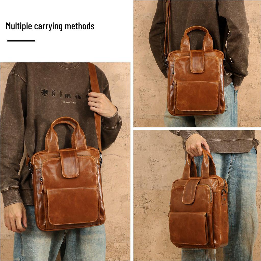 Genuine Leather Crossbody Messenger Bag - Men's Large Capacity Retro Vertical Handbag for Casual or Commute Use.