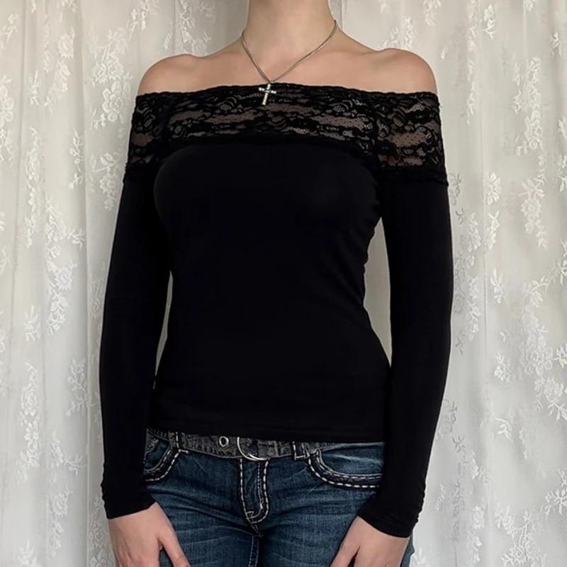Crop top cu dantelă neagră cusut cu gât tăiat, tricouri cu mânecă lungă, sexy, subțire, pentru femei Harajuku Y2k, tricouri de toamnă de bază