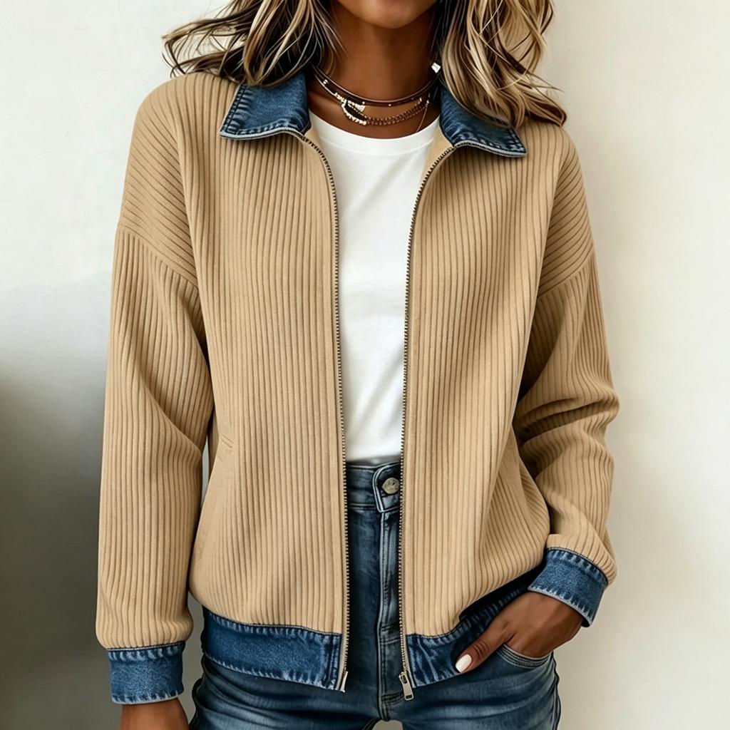 Women's Fashion Knit Denim Cardigan Jacket, Long Sleeve Casual Blouse with Patchwork Design, Fall Winter Outerwear