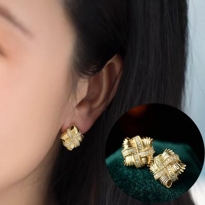 Huitan Chic Square Knot Stud Earrings for Women Modern Fashionable Gold Color Ear Accessories Daily Wear Statement Jewelry Gift