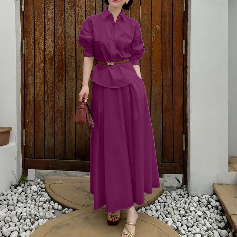 ZANZEA Damen Langarmbluse und Lange Röcke Lässige Zweiteiler Anzugsets