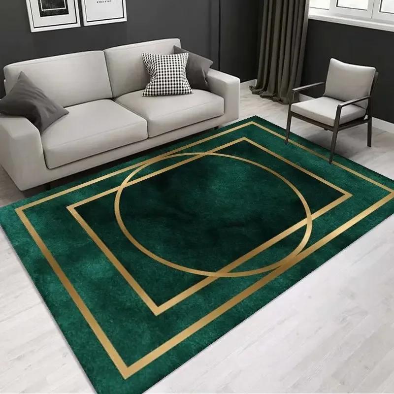 Luxury Geometric Area Rug – Washable Plush Gold & Green Living Room Carpet, Oversized Bedroom Bedside Mat