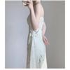 Women's Cream Spaghetti Strap Midi Square Neck Ruched Waist Abstract Line Print Elegant Party Dress