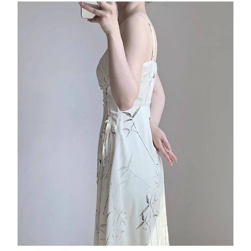 Women's Cream Spaghetti Strap Midi Square Neck Ruched Waist Abstract Line Print Elegant Party Dress