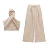Spring New Arrival Casual Two-Piece Suit Hanging Collar Linen Tops 4043249 Linen Wide Leg Pants 4043243