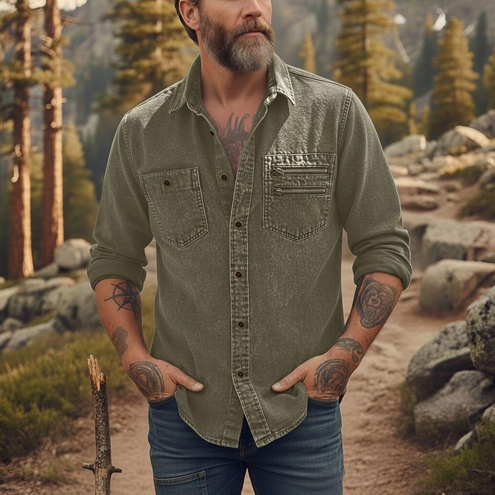 Men's Casual Workwear Denim Shirt Solid Color Washed Button Up Long Sleeve Shirt with Dual Chest Pockets