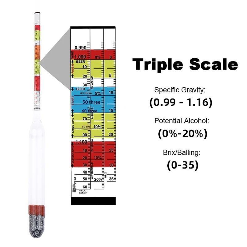 Triple Scale Hydrometer High Accuracy 1Pcs Specific Gravity Tester for Alcohol Brix Measurement Mead Winemaking Home Use