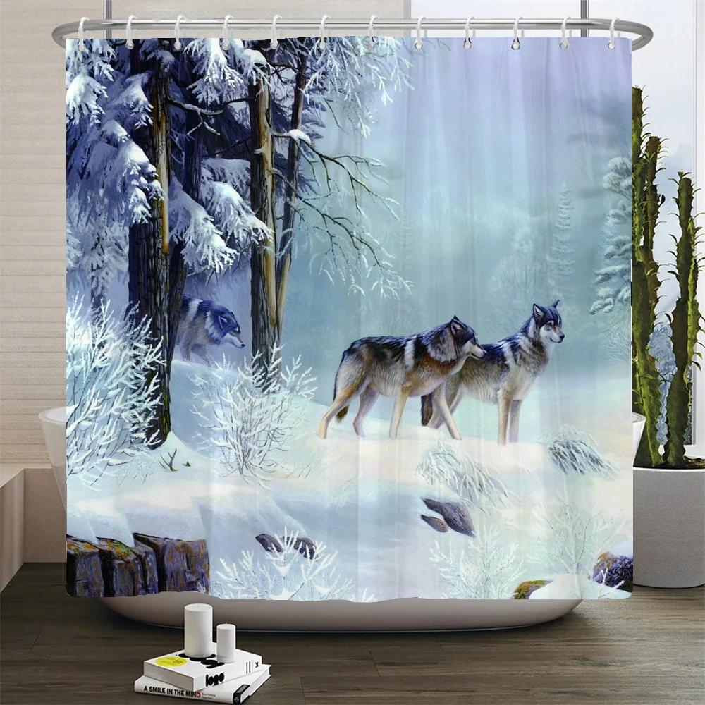 Deer Bathroom Shower Curtain Elk Highland Cow Peacock Forest Mountain Animal Polyester Hanging Curtains Home Bathroom Decor Set
