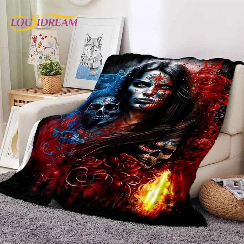 Skull Dead Girl 3D Gothic Horror Female Rose Soft Flannel Blanket for Beds Bedroom Sofa Picnic,Throw Blanket for Cover Leisure