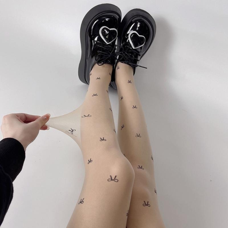 Women Sexy Ultra-Thin Sheer Silky Tights Japanese Sweet Bowknot Polka Dot Heart Printed See Through Pantyhose Stockings