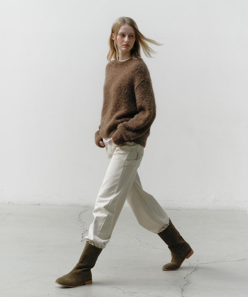 OSTKAKA [Fleece-Lined] Carpenter Wide Denim Pants Oatmeal
