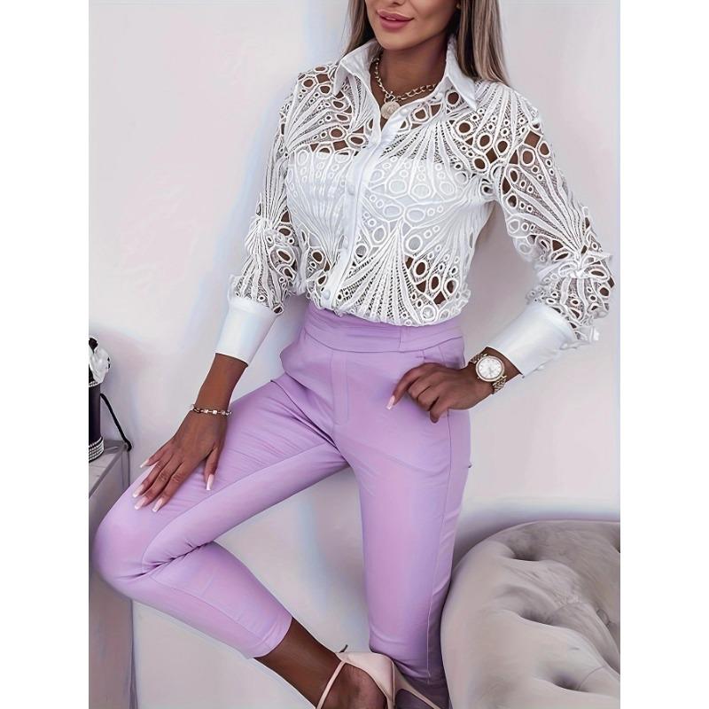 Fashion Lace Hollow Out Long Sleeve Office Shirt Women Spring and Autumn Loose Casual Versatile Commuter Blouse Lapel Simple Solid Color Clothing