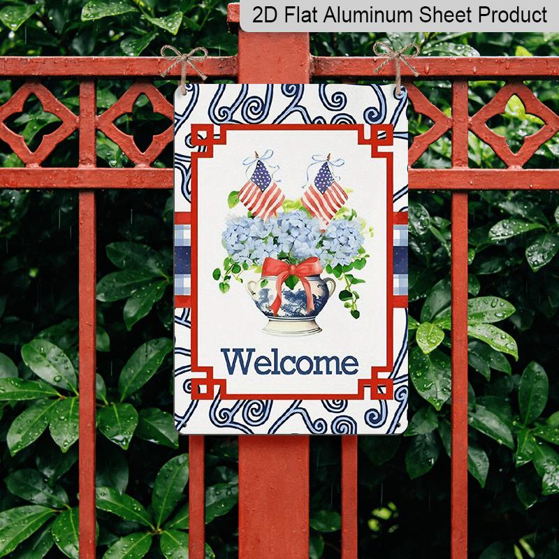 2D Flat, 1pc Patriotic "Welcome" Hydrangea Aluminium Sign - 8"x12" Rustic Red White Blue Decor, USA Flag & Floral Porch Art, Perfect for Independence