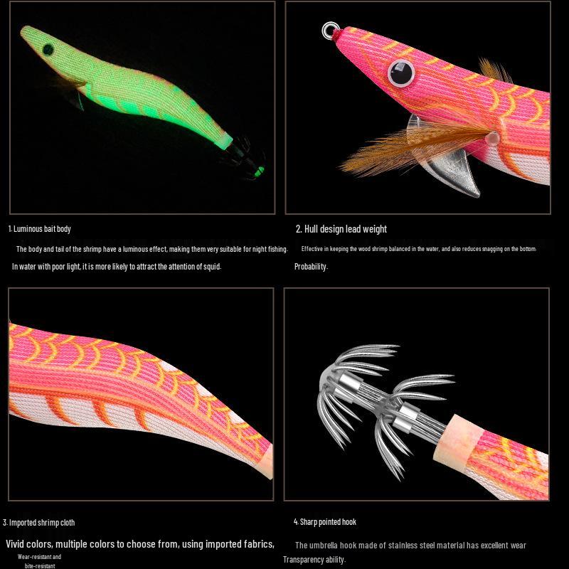 SQUID KING Luminous Wooden Shrimp Squid Hook - Sizes 2.5, 3.0, 3.5 with Rapid Current Lead Head & Rattle for Deep Water.