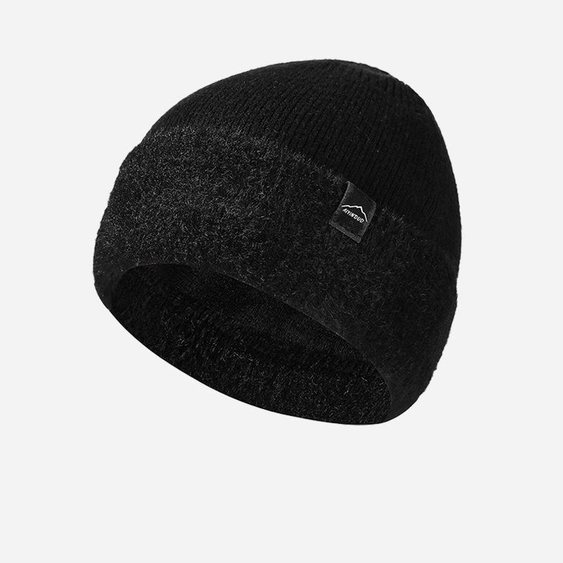 Knitted Hat Men's High Elastic Large Head Wool Hat with Thick Velvet Ear Protection Solid Color Cap