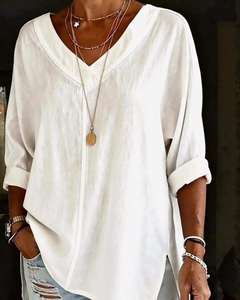 2026 Amazon European and American Cross-border Women's Clothing Street Fashion Solid Color V-neck Loose Top Long Sleeve Cotton and Linen Shirt