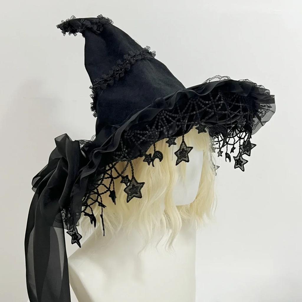 Children Adults Halloween Witch Hat Women’s Girls Gothic Handmade Bowknot Fleece Lace Lolita Princess Ladies Wizard Hat