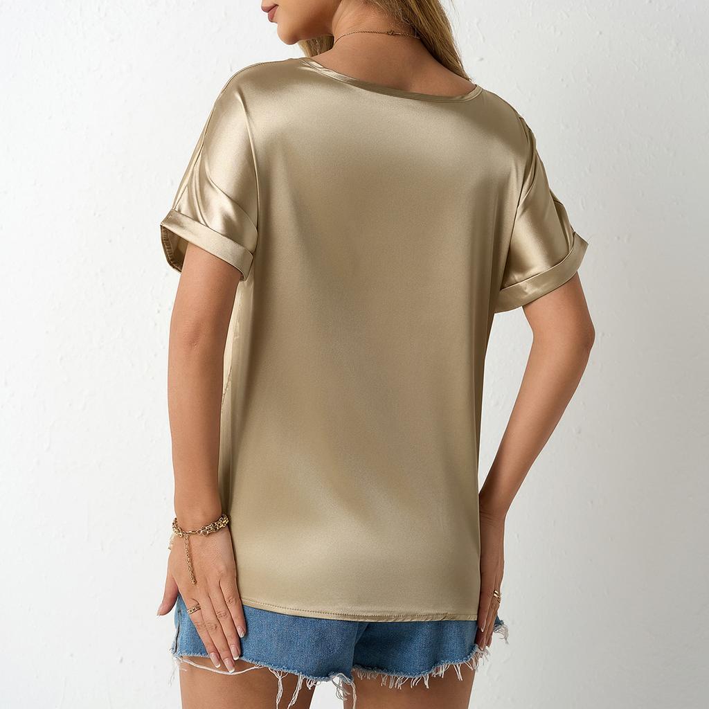 Women's Spring and Summer Solid Color Satin Top Loose Pocket Curled Short Sleeve Casual Blouses & Shirts